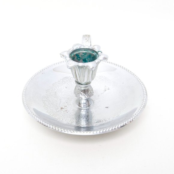 Vintage Silver Plated Chamberstick Embossed Floral Circular Drip Pan Beaded Edge - Picture 4 of 9